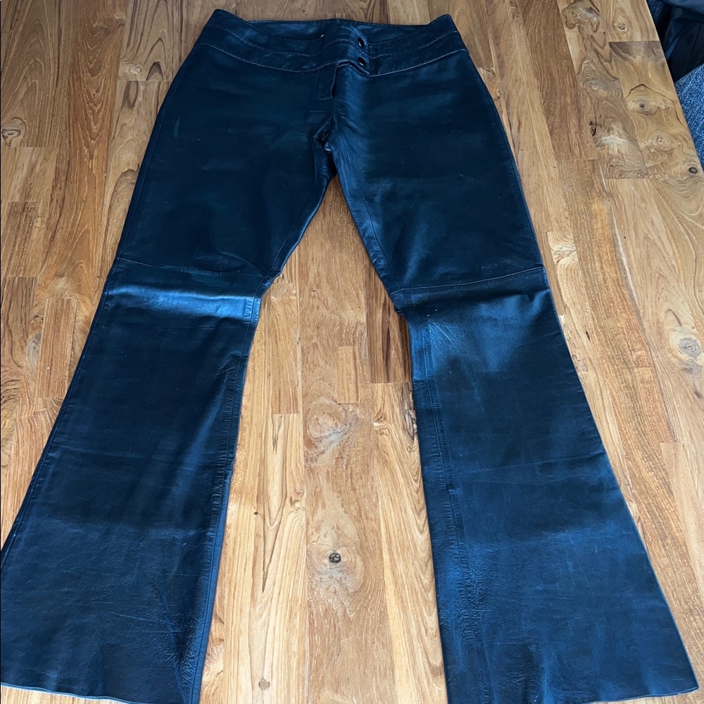 Cache Y2K Black Lamb Leather low rise flare pants